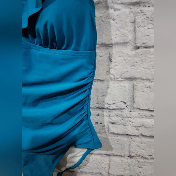 DKNY Ruffle Plunge Underwire Tummy Control One-Piece Swim Vibrant Blue Size 18 - Picture 4 of 10